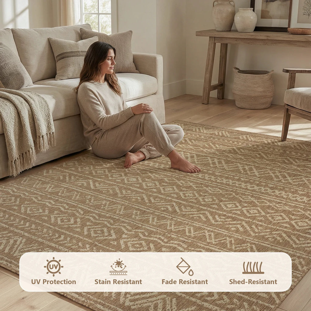 Boho UV-Resistant Woven Indoor/Outdoor Area Rug In Sand Beige