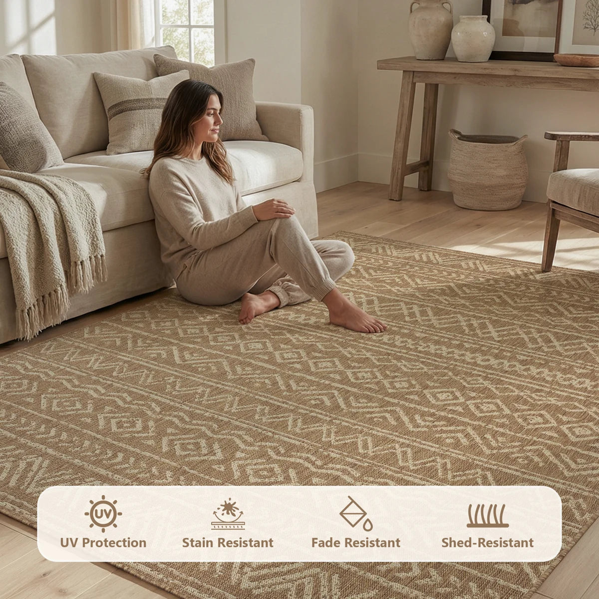Boho UV-Resistant Woven Indoor/Outdoor Area Rug In Sand Beige