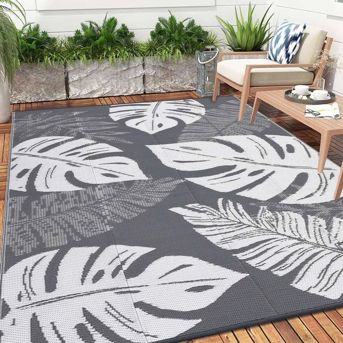 Outdoor Rug Large Plastic Straw Rug, Waterproof Woven Patio Rug, UV-Resistant Reversible Mat, Tropical Leaf Outside Carpet for Backyard, RV
