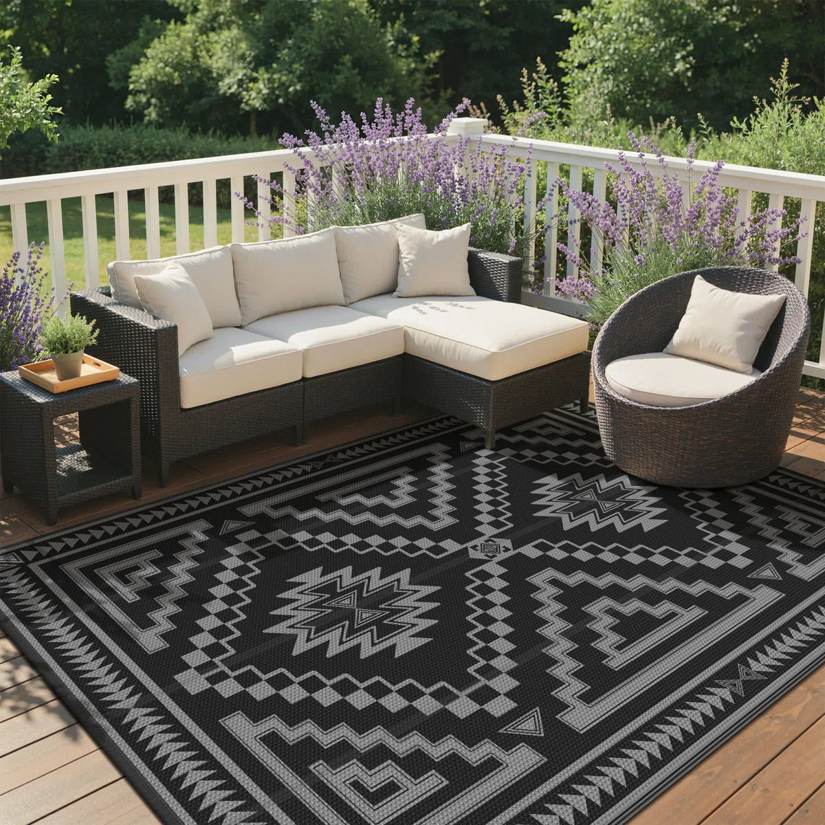 Shimeek Reversible Outdoor Mat, Waterproof Plastic Outdoor Mat, Black&Grey,Rectangle 5' x 8'