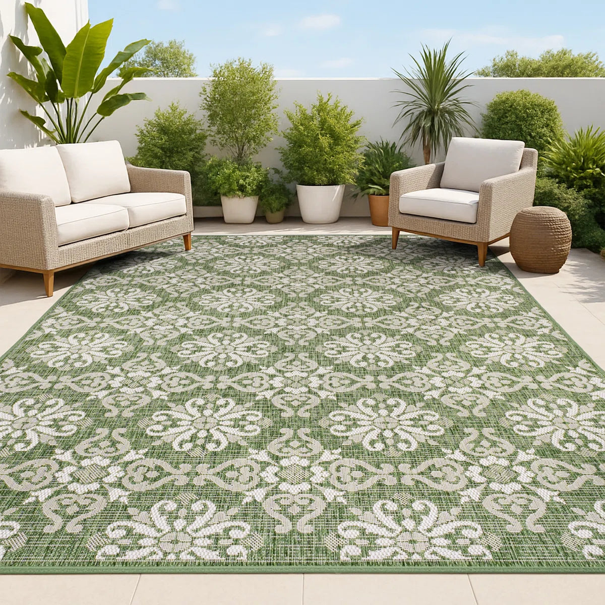 Amora Traditional Mediterranean Tile Design Green/Cream Indoor/Outdoor Rug