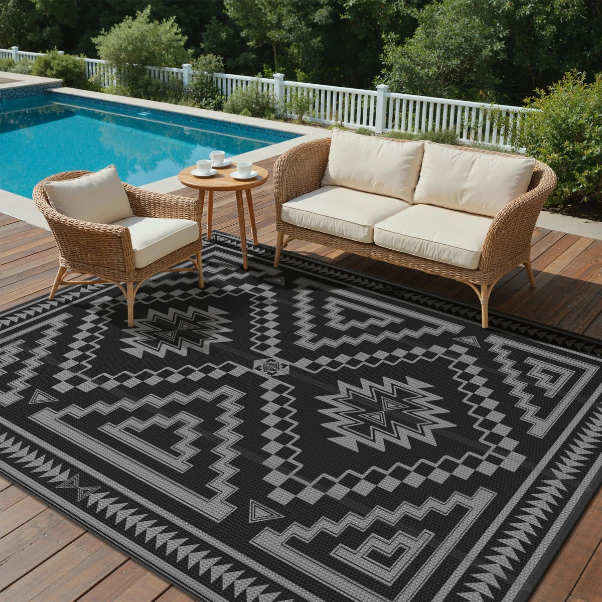 Shimeek Reversible Outdoor Mat, Waterproof Plastic Outdoor Mat, Black&Grey,Rectangle 5' x 8'