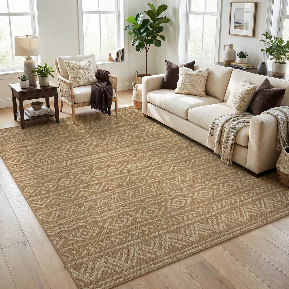 Boho UV-Resistant Woven Indoor/Outdoor Area Rug In Sand Beige