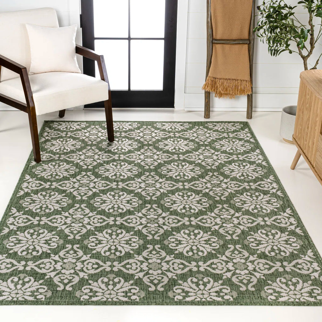 Amora Traditional Mediterranean Tile Design Green/Cream Indoor/Outdoor Rug