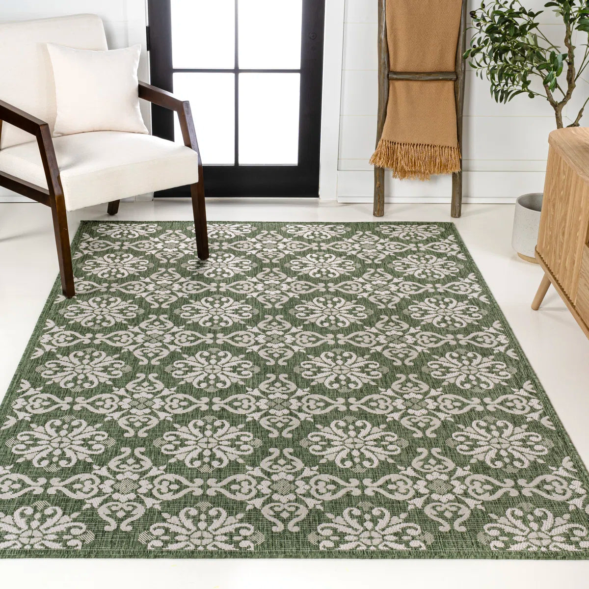 Amora Traditional Mediterranean Tile Design Green/Cream Indoor/Outdoor Rug