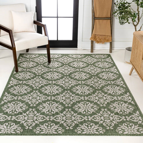 Amora Traditional Mediterranean Tile Design Green/Cream Indoor/Outdoor Rug