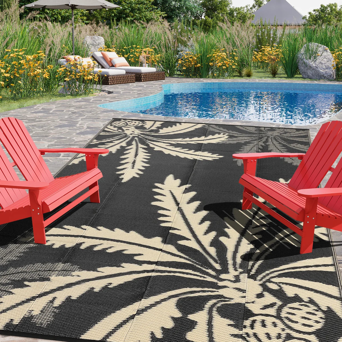 Waterproof Outdoor Palm Leaf Rug - Reversible Deck Mat, UV Resistant, Stain Resistant, Easy Clean Camping Carpet for Backyard Patio
