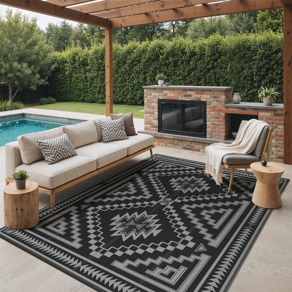 Shimeek Reversible Outdoor Mat, Waterproof Plastic Outdoor Mat, Black&Grey,Rectangle 5' x 8'