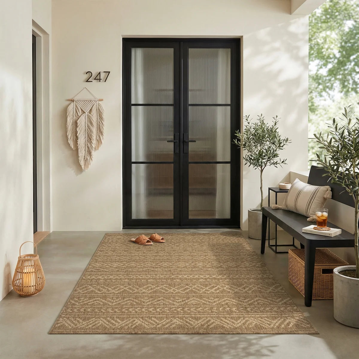 Boho UV-Resistant Woven Indoor/Outdoor Area Rug In Sand Beige