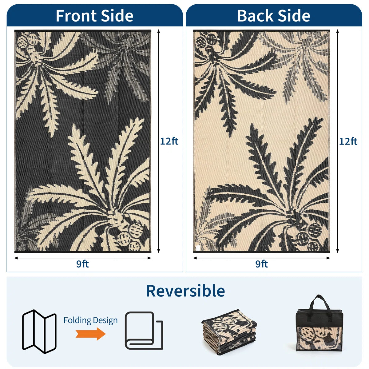 Waterproof Outdoor Palm Leaf Rug - Reversible Deck Mat, UV Resistant, Stain Resistant, Easy Clean Camping Carpet for Backyard Patio
