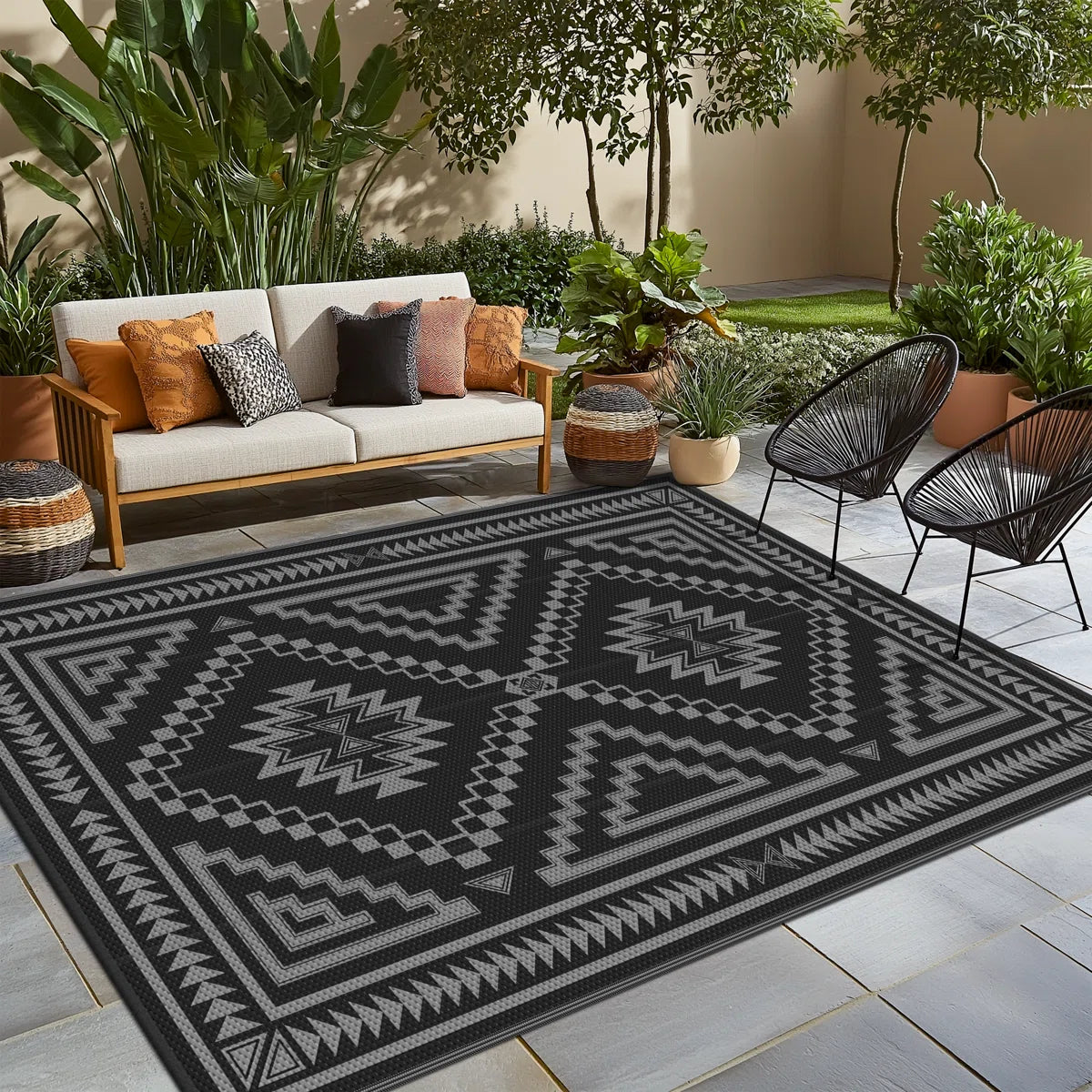 Shimeek Reversible Outdoor Mat, Waterproof Plastic Outdoor Mat, Black&Grey,Rectangle 5' x 8'