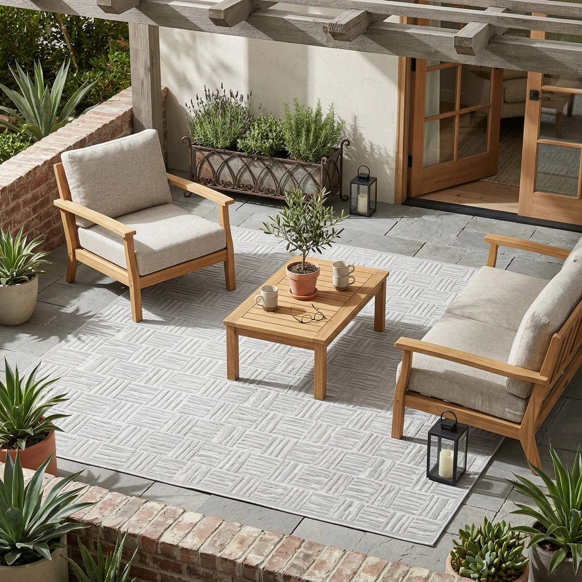 Turkish Unfaded Plaid Indoor Outdoor High-Low Pile Area Rug in Gray/Cream for Patios, Deck, Porch Or Entryway