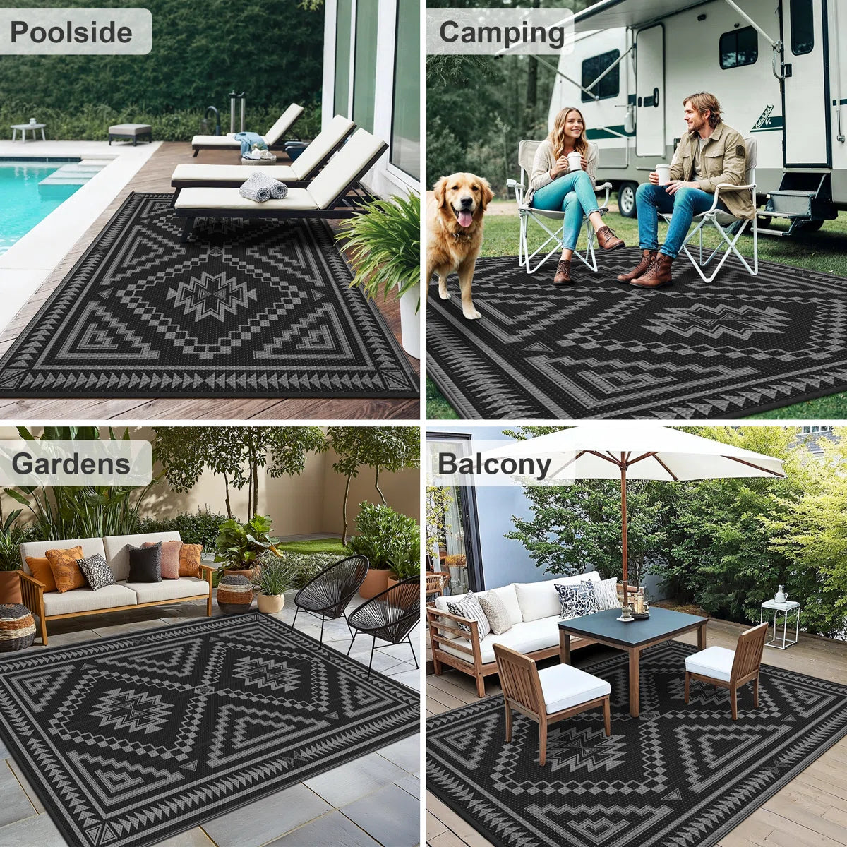 Shimeek Reversible Outdoor Mat, Waterproof Plastic Outdoor Mat, Black&Grey,Rectangle 5' x 8'