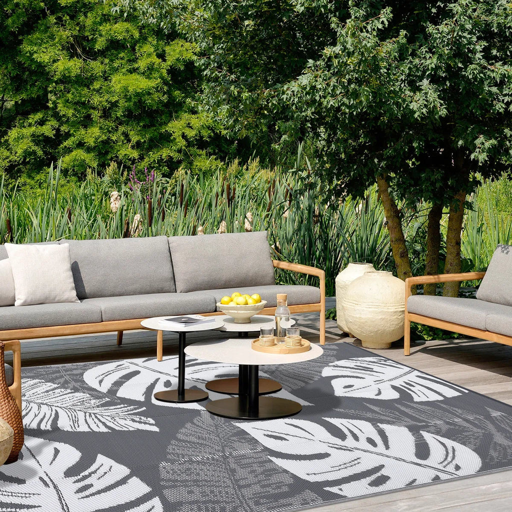 Outdoor Rug Large Plastic Straw Rug, Waterproof Woven Patio Rug, UV-Resistant Reversible Mat, Tropical Leaf Outside Carpet for Backyard, RV