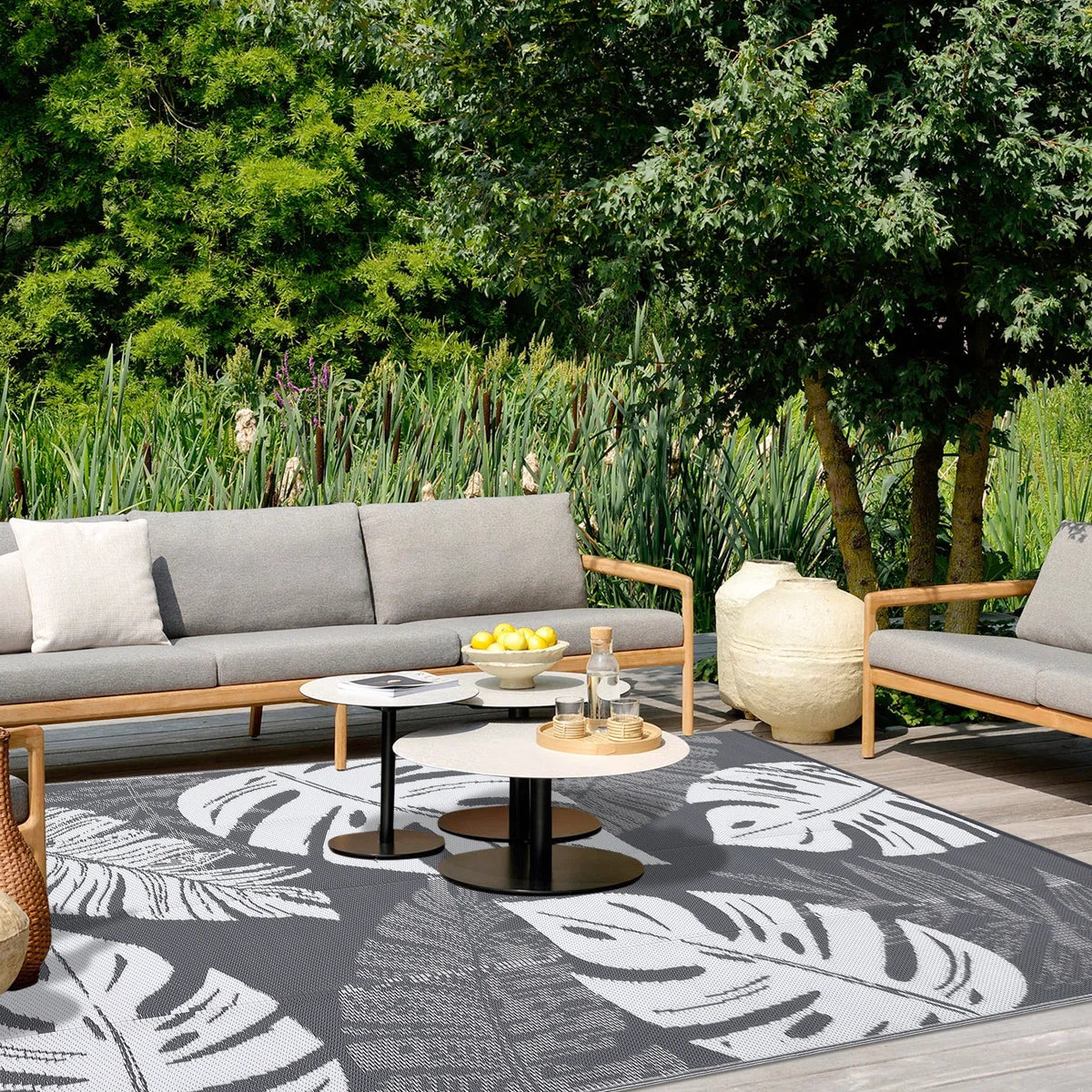 Outdoor Rug Large Plastic Straw Rug, Waterproof Woven Patio Rug, UV-Resistant Reversible Mat, Tropical Leaf Outside Carpet for Backyard, RV