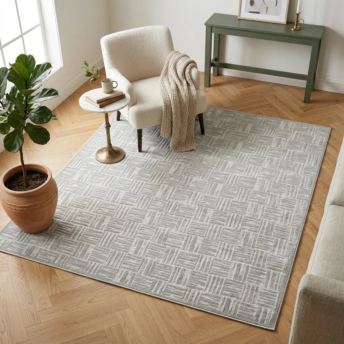Turkish Unfaded Plaid Indoor Outdoor High-Low Pile Area Rug in Gray/Cream for Patios, Deck, Porch Or Entryway