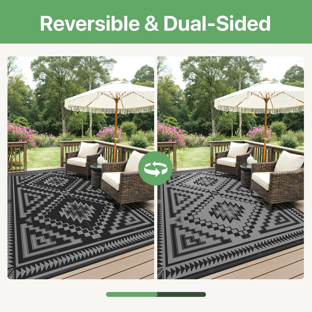 Shimeek Reversible Outdoor Mat, Waterproof Plastic Outdoor Mat, Black&Grey,Rectangle 5' x 8'