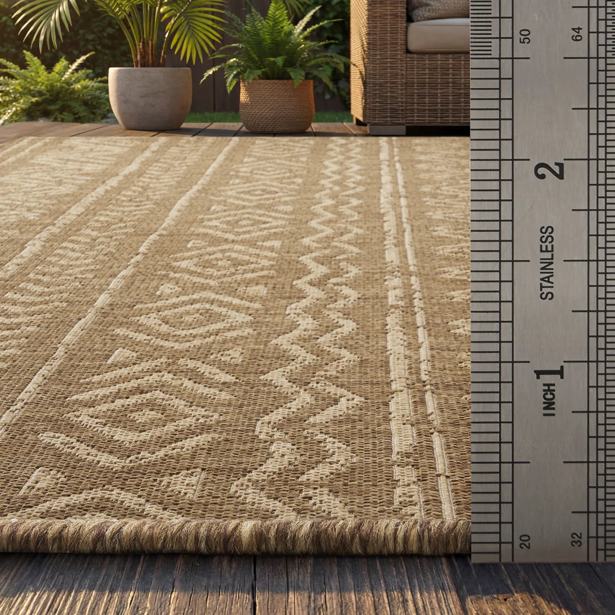 Boho UV-Resistant Woven Indoor/Outdoor Area Rug In Sand Beige