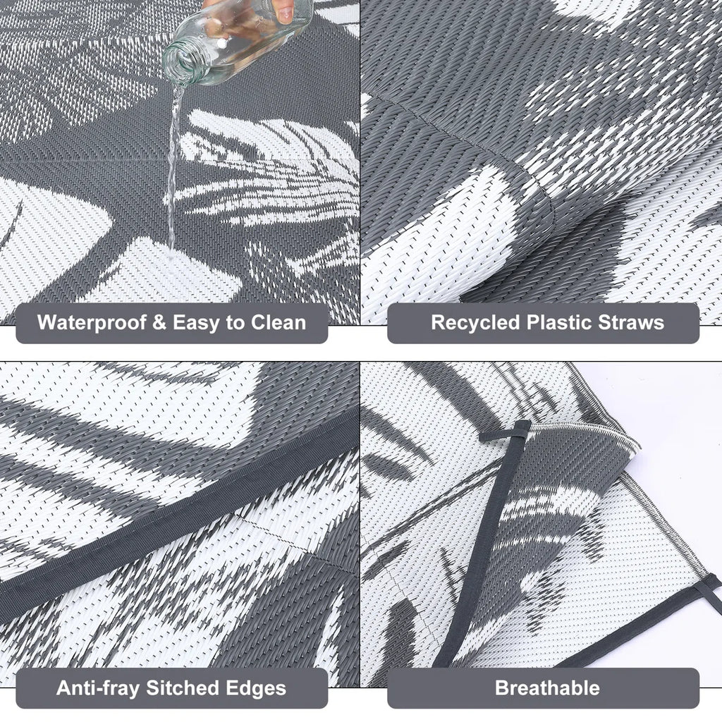 Outdoor Rug Large Plastic Straw Rug, Waterproof Woven Patio Rug, UV-Resistant Reversible Mat, Tropical Leaf Outside Carpet for Backyard, RV