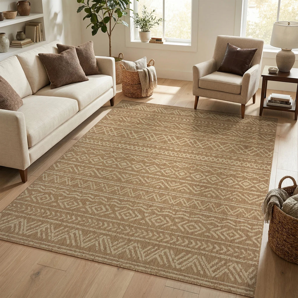 Boho UV-Resistant Woven Indoor/Outdoor Area Rug In Sand Beige