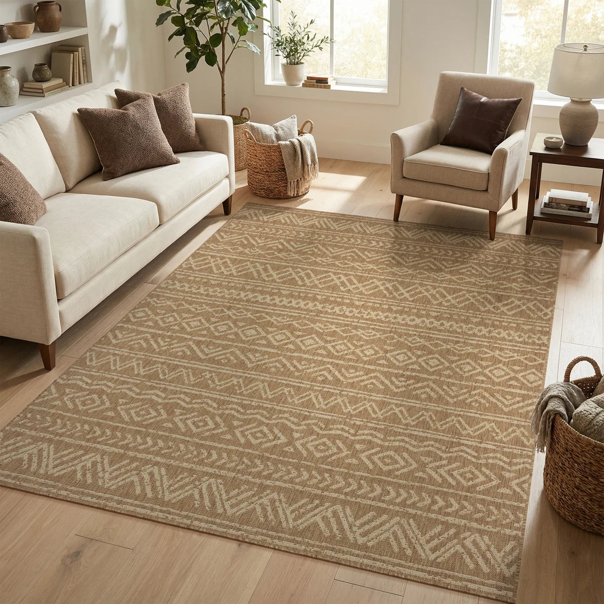 Boho UV-Resistant Woven Indoor/Outdoor Area Rug In Sand Beige