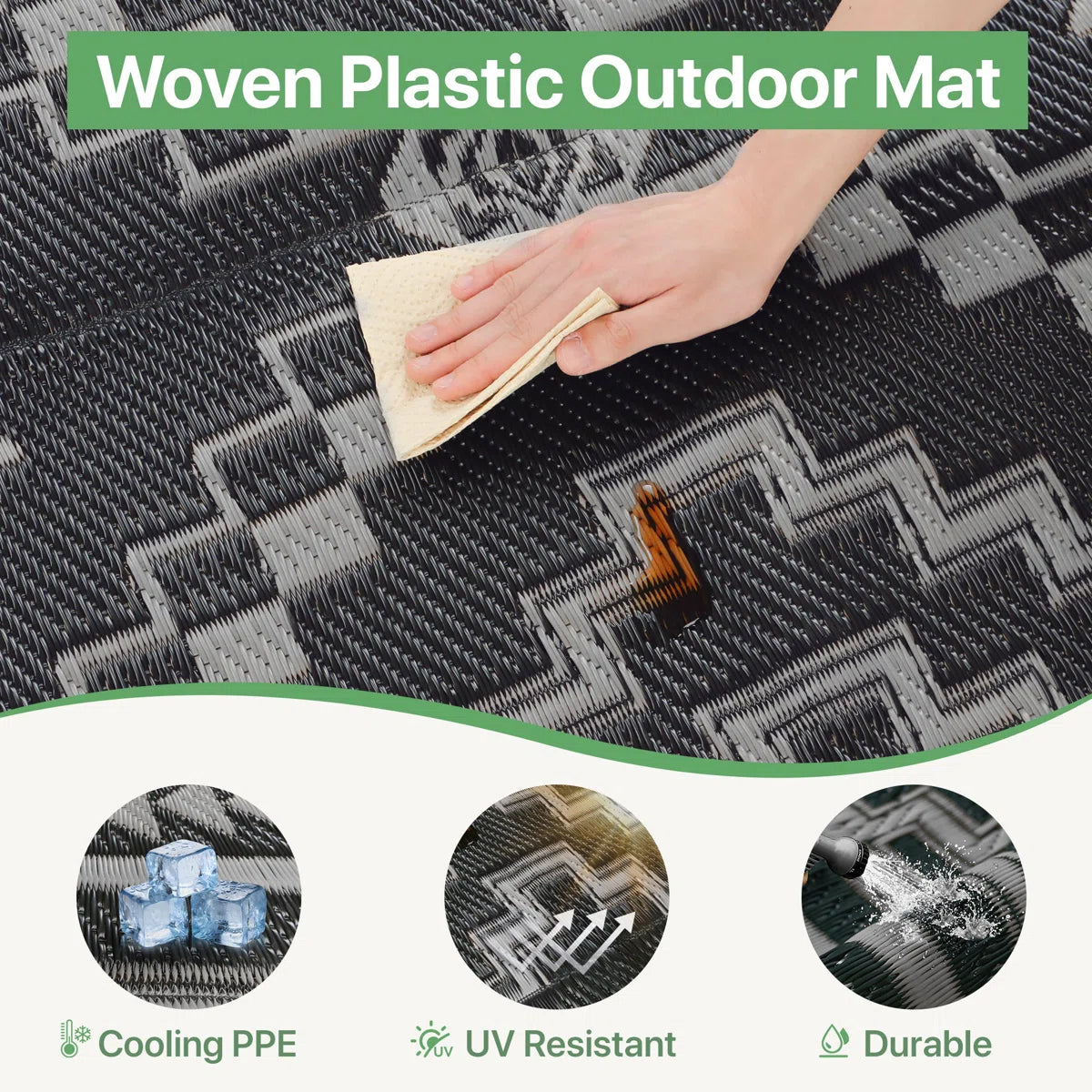Shimeek Reversible Outdoor Mat, Waterproof Plastic Outdoor Mat, Black&Grey,Rectangle 5' x 8'