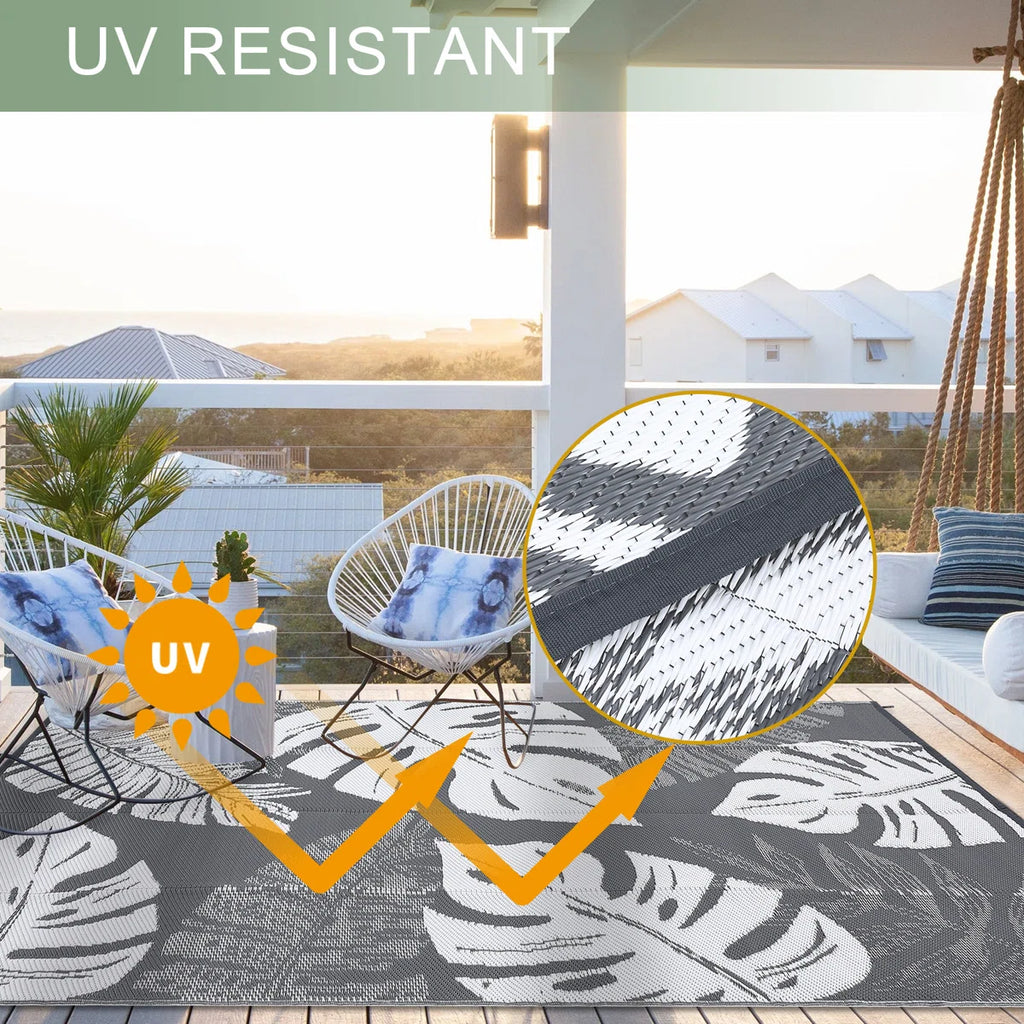 Outdoor Rug Large Plastic Straw Rug, Waterproof Woven Patio Rug, UV-Resistant Reversible Mat, Tropical Leaf Outside Carpet for Backyard, RV