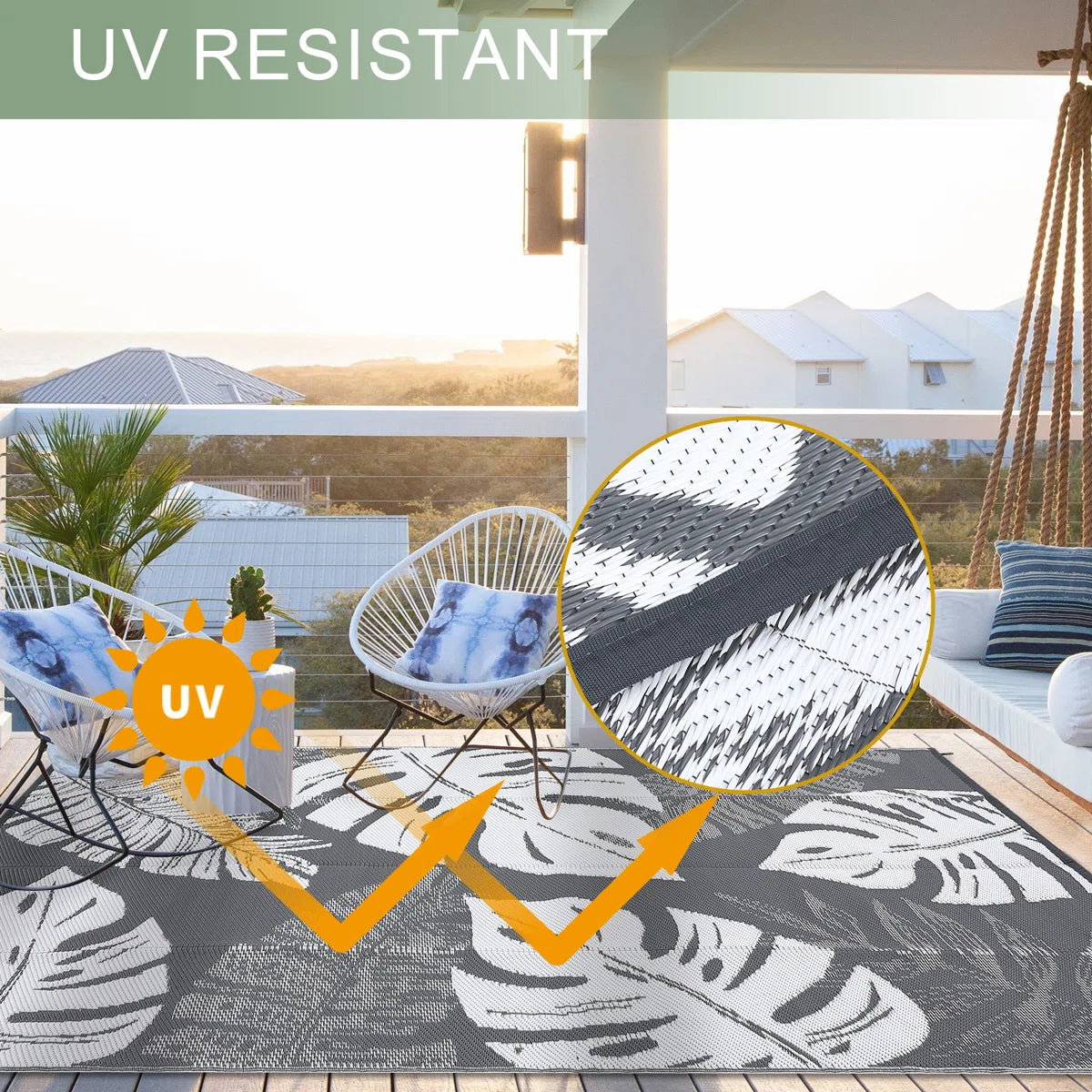 Outdoor Rug Large Plastic Straw Rug, Waterproof Woven Patio Rug, UV-Resistant Reversible Mat, Tropical Leaf Outside Carpet for Backyard, RV