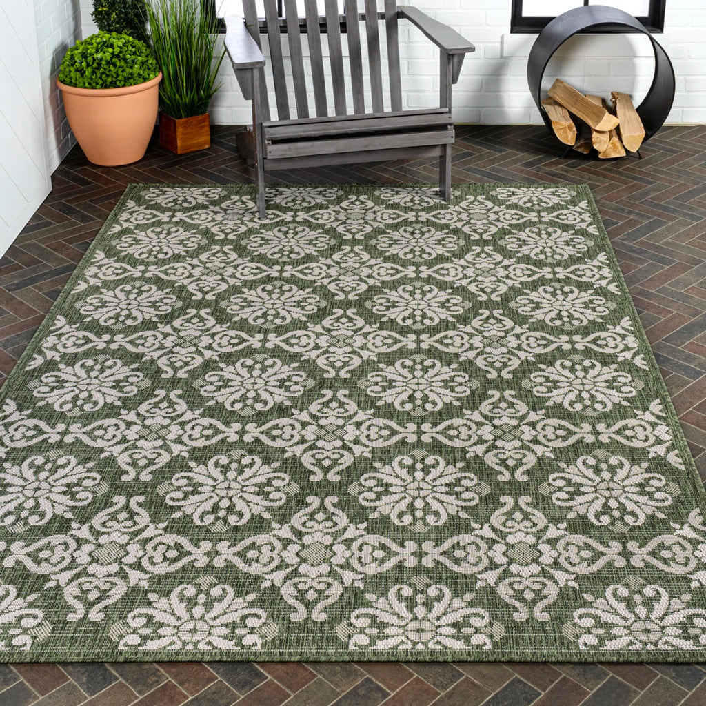 Amora Traditional Mediterranean Tile Design Green/Cream Indoor/Outdoor Rug