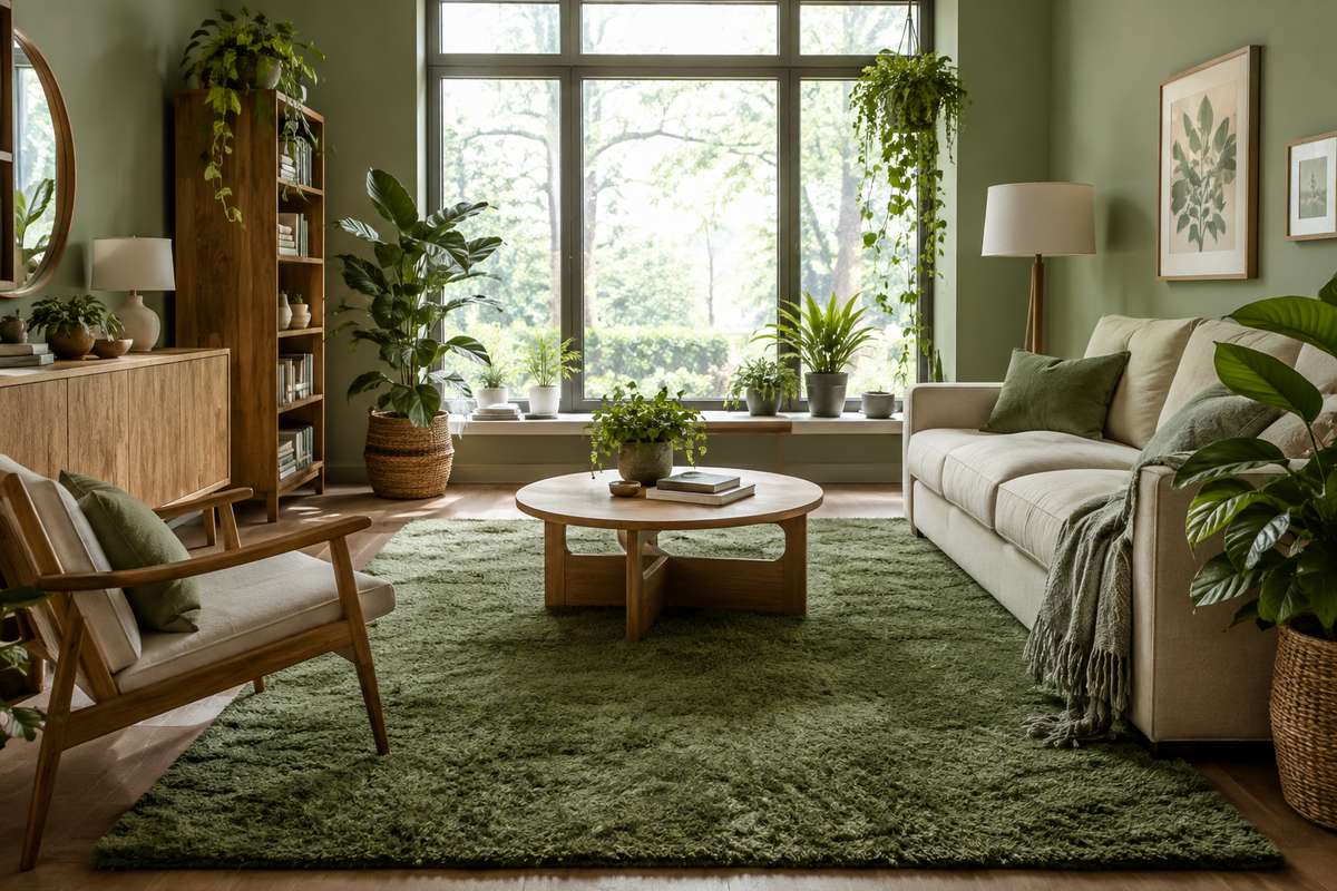 Stylish Green Living Room with Area Rug